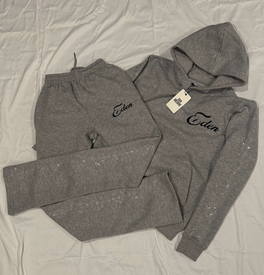 EDEN RHINESTONE SWEATSUIT featuring a grey hoodie and pants with hand-placed rhinestones on sleeves.